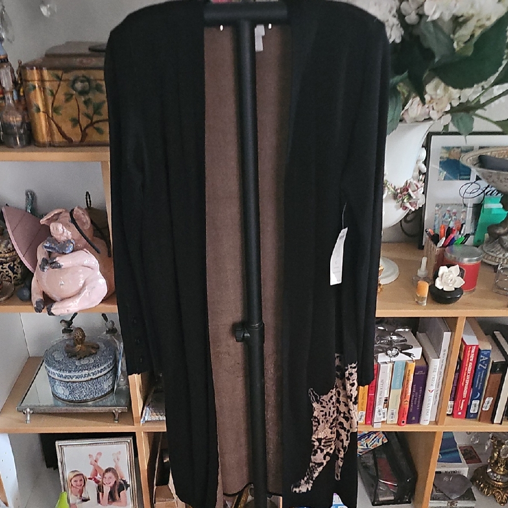 Chicos Long Black Open Front Cardigan With Leopard